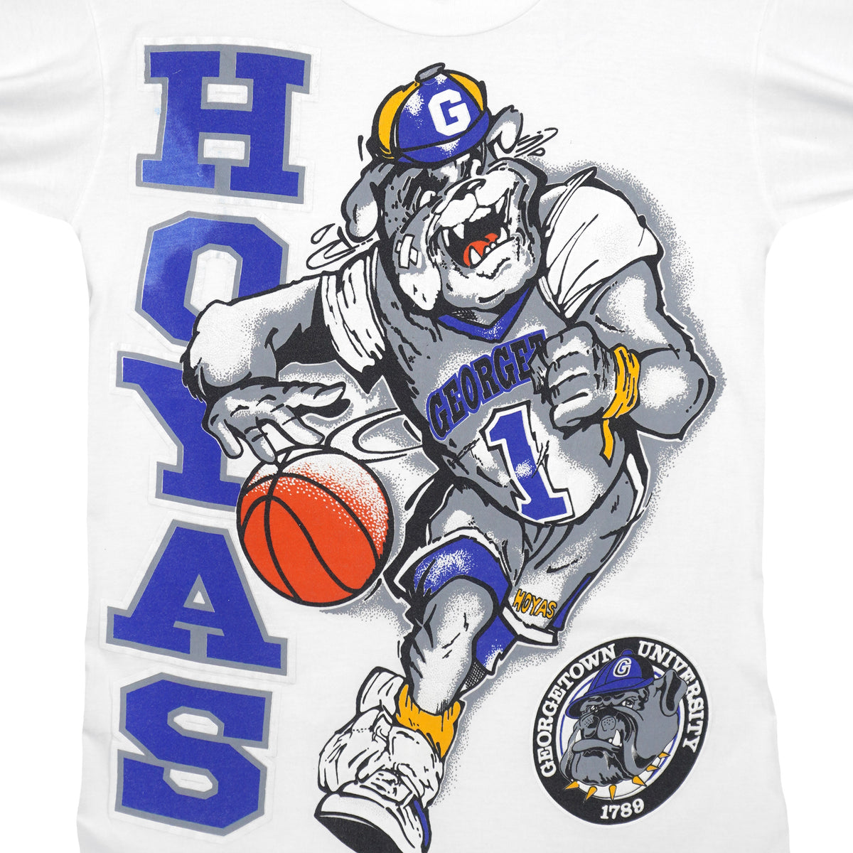 Front graphic close-up of the white Georgetown Hoyas basketball mascot T-shirt