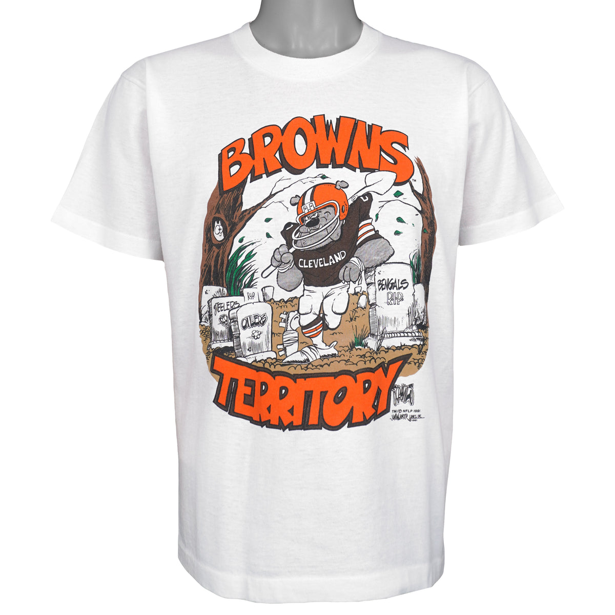 White Cleveland Browns T-shirt with dog running across black and orange logo graphic