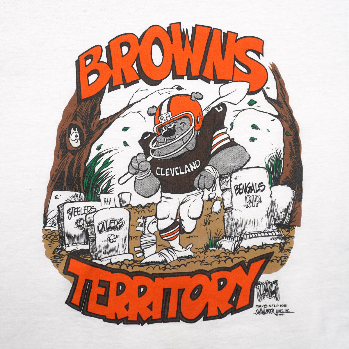 Front graphic close-up of the white Cleveland Browns Territory graphic T-shirt