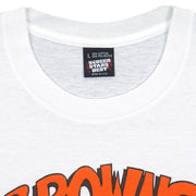 Neck and maker label close-up of the white Cleveland Browns Territory graphic T-shirt