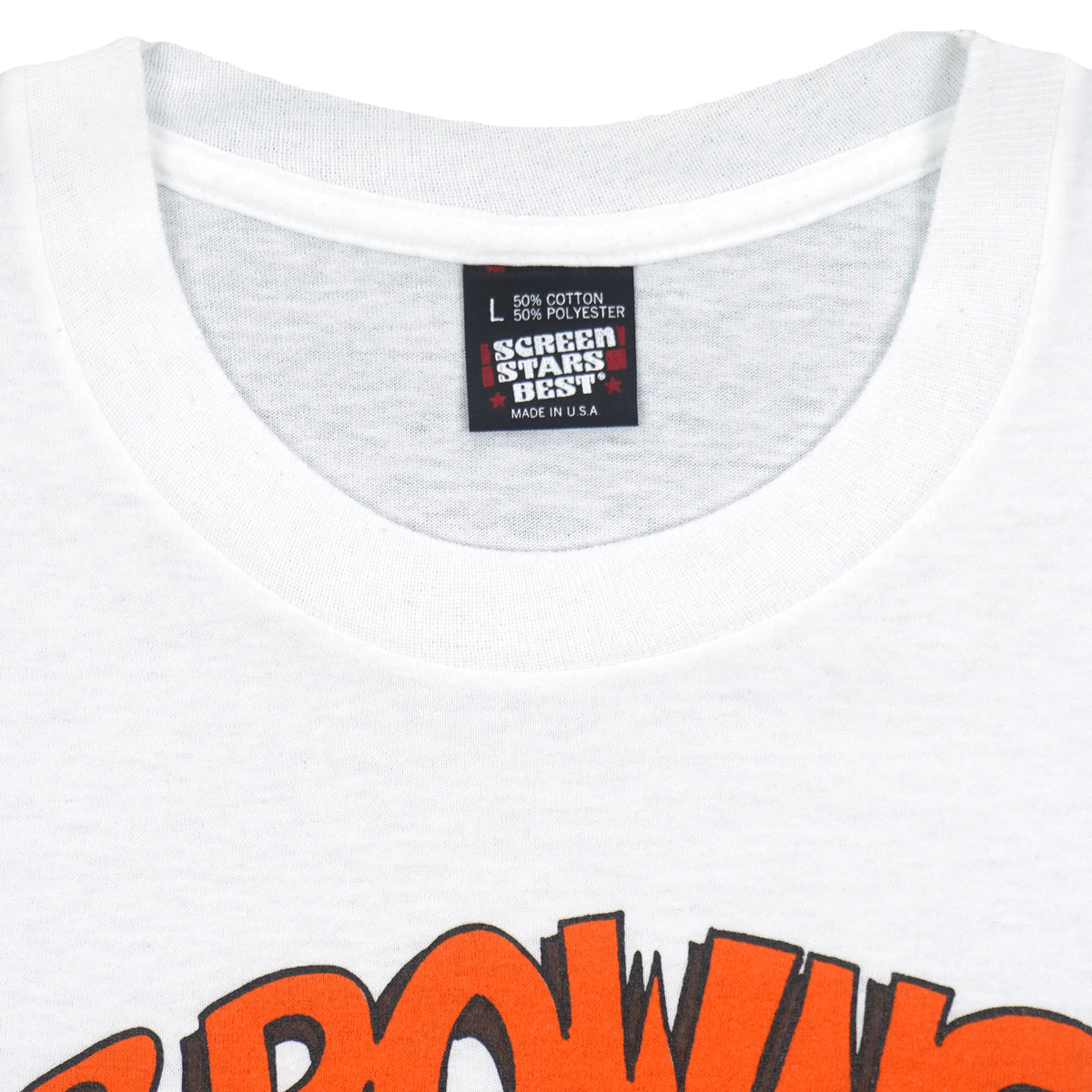 Neck and maker label close-up of the white Cleveland Browns Territory graphic T-shirt