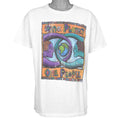 White One Planet T-shirt front with two faces around a colorful globe graphic