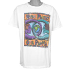 White One Planet T-shirt front with two faces around a colorful globe graphic