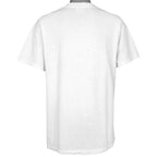 Back view of the white One Planet One People globe short sleeve graphic T-shirt showing the rear construction
