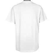 Back view of the white One Planet One People globe short sleeve graphic T-shirt showing the rear construction