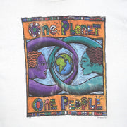 Close view of globe and faces graphic on the white One Planet One People globe short sleeve graphic T-shirt