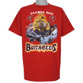 Red Tampa Bay Buccaneers T-shirt front with pirate ship and flag logos