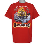 Red Tampa Bay Buccaneers T-shirt front with pirate ship and flag logos