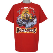 Red Tampa Bay Buccaneers T-shirt front with pirate ship and flag logos