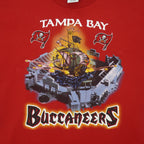 Tampa Bay Buccaneers pirate ship graphic closeup with flag logos on red fabric