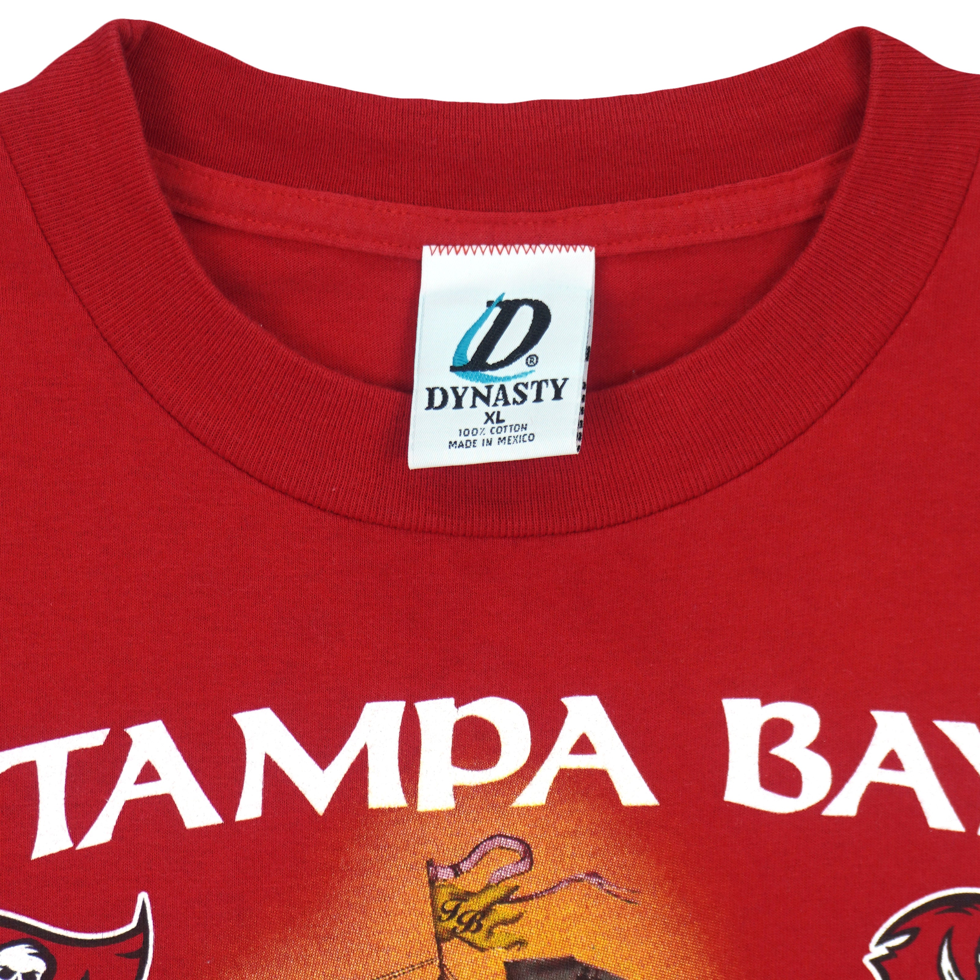 Dynasty XL size label stitched inside the red T-shirt neckline
