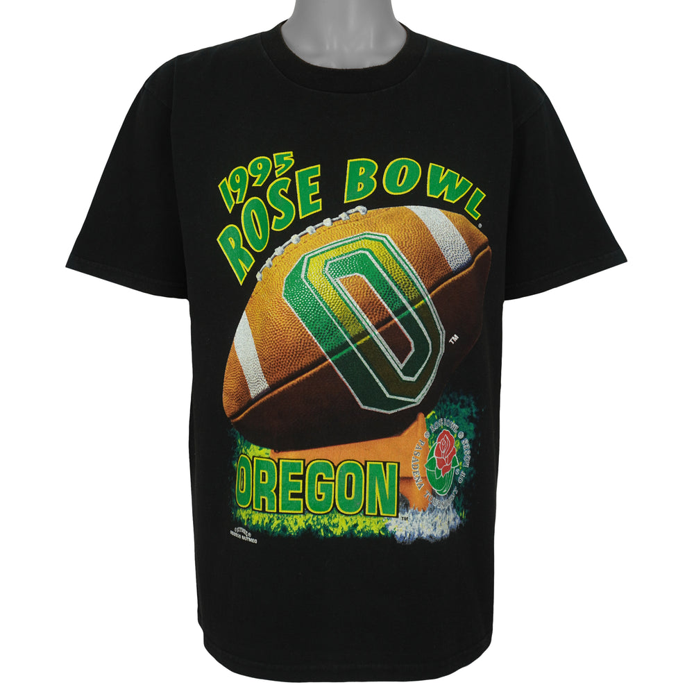 Front of black T-shirt with 1995 Rose Bowl Oregon football and rose graphic