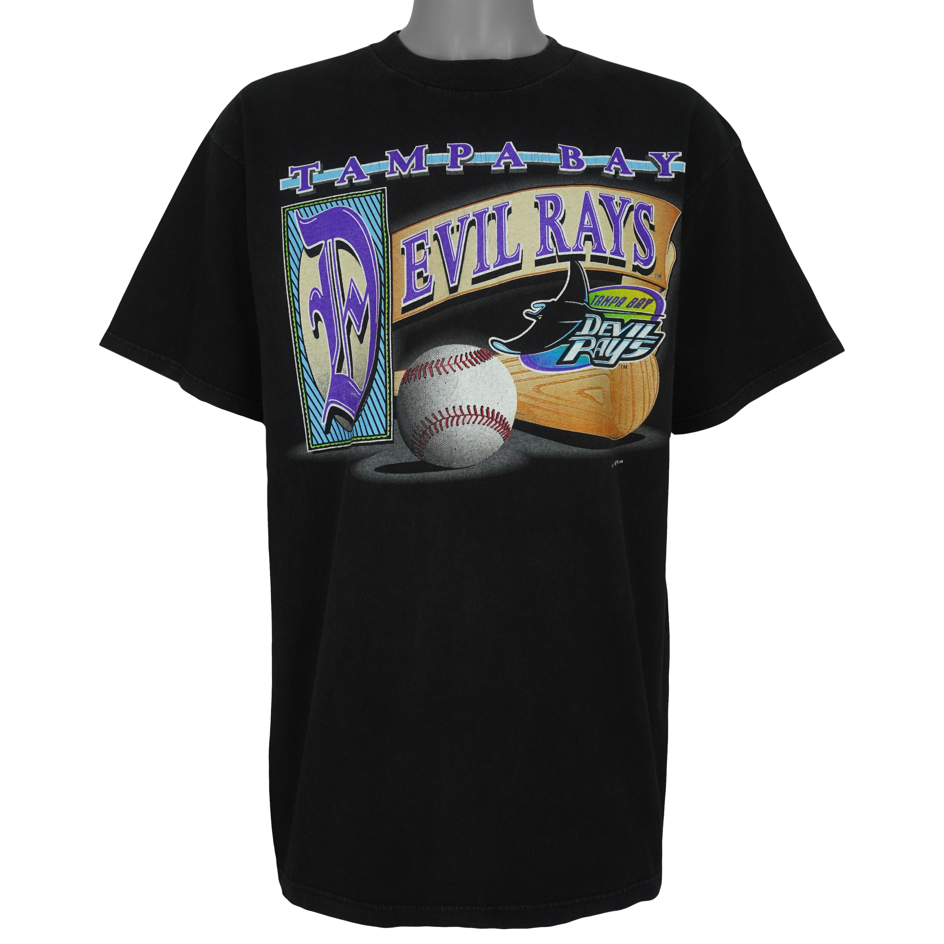 Black Tampa Bay Devil Rays T-shirt front with baseball, glove, and team logo