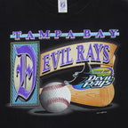 Close view of Evil Rays baseball graphic on the black Tampa Bay Devil Rays Evil Rays short sleeve graphic T-shirt