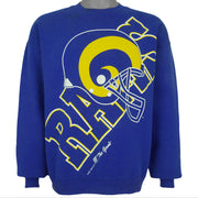 Front of blue sweatshirt with large Rams helmet and wraparound gold lettering