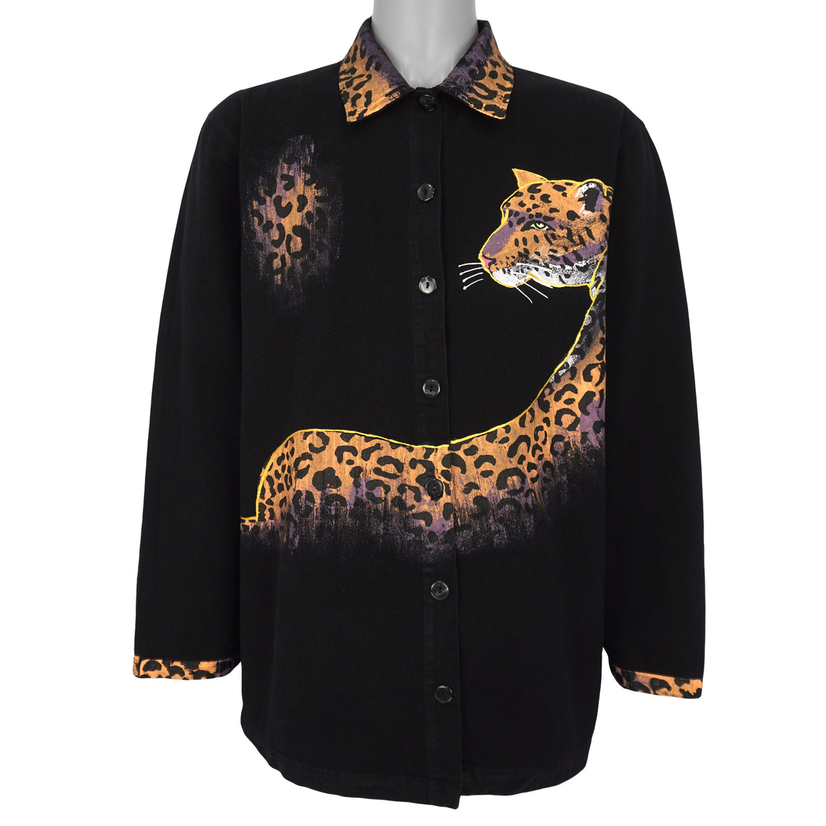 Black Great Cavalier button-up shirt front with leopard graphic and patterned collar