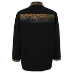 Full back view of the black button-up shirt with a leopard-print shoulder panel and cuffs