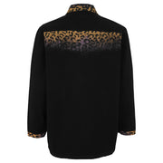 Full back view of the black button-up shirt with a leopard-print shoulder panel and cuffs
