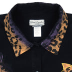 Great Cavalier neck label on the black leopard graphic button-up shirt