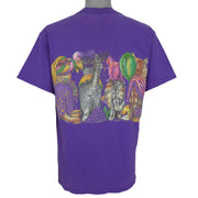 Purple New Orleans T-shirt back with Mardi Gras cats and colorful graphics
