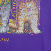 Purple New Orleans T-shirt back graphic with cracked cat artwork and small holes