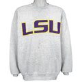 Gray 1990s NCAA Soffe LSU Tigers sweatshirt front with large purple and yellow college lettering