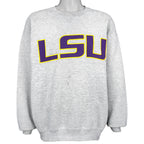 Gray 1990s NCAA Soffe LSU Tigers sweatshirt front with large purple and yellow college lettering