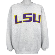 Gray 1990s NCAA Soffe LSU Tigers sweatshirt front with large purple and yellow college lettering