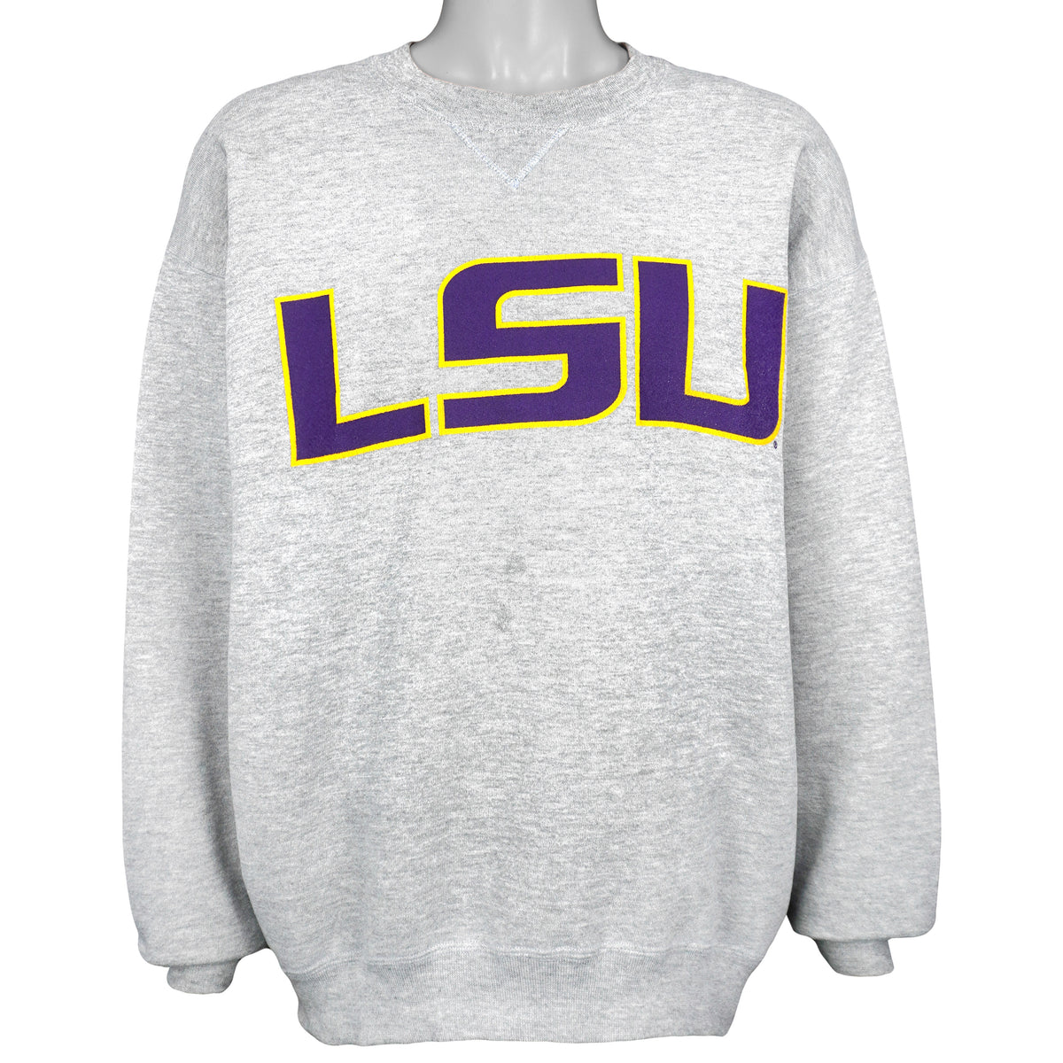 Gray 1990s NCAA Soffe LSU Tigers sweatshirt front with large purple and yellow college lettering