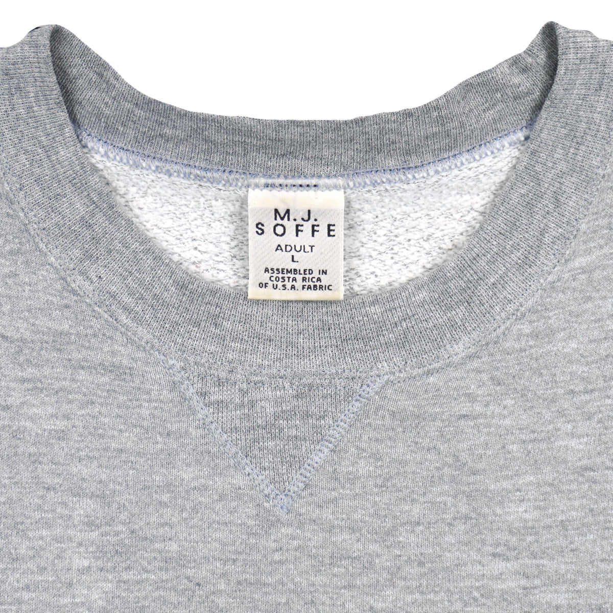 Soffe adult large neck label inside the gray LSU sweatshirt