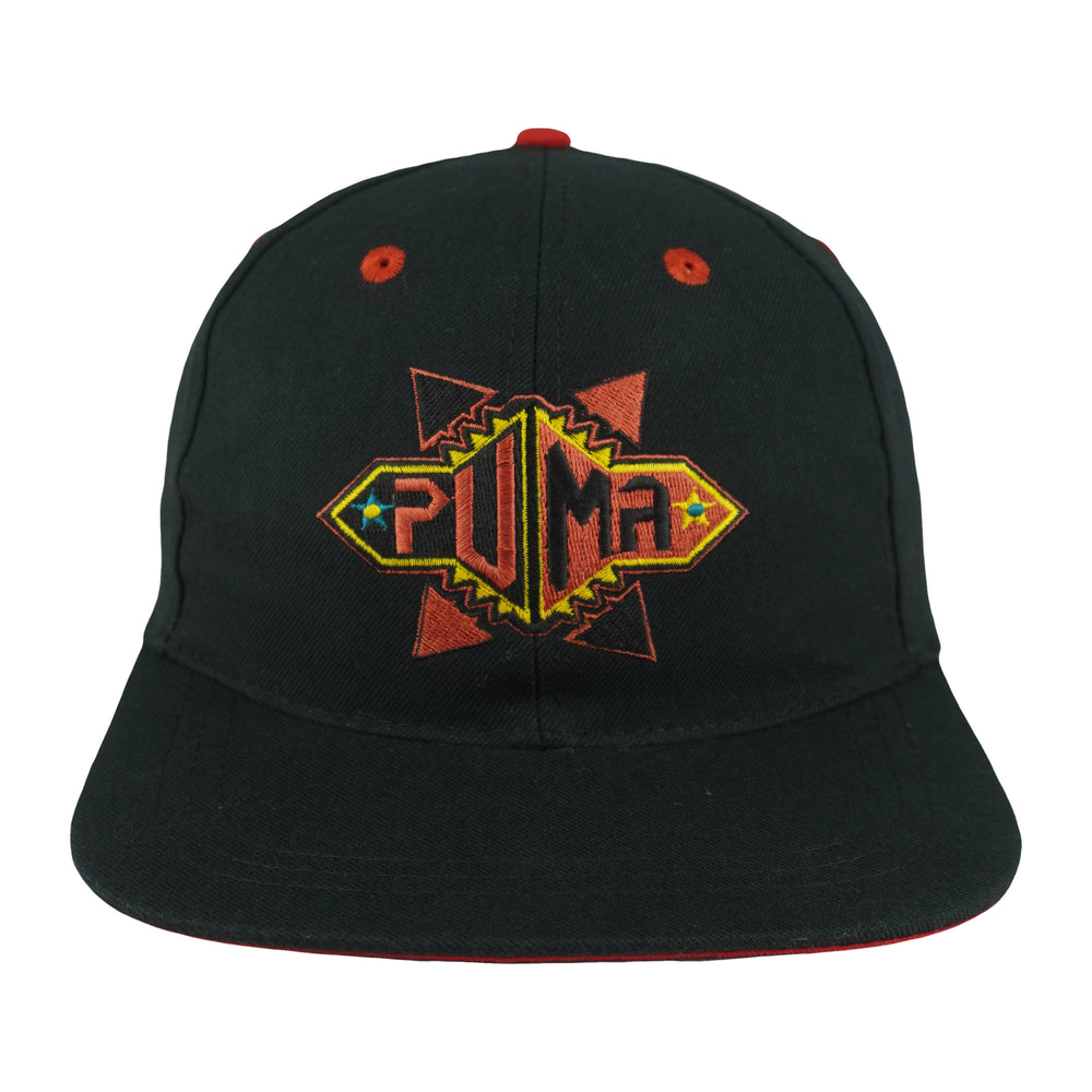 Black and red 1990s Puma snapback front with colorful geometric embroidery and red eyelets