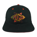 Black and red 1990s Puma snapback front with colorful geometric embroidery and red eyelets