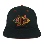 Black and red 1990s Puma snapback front with colorful geometric embroidery and red eyelets