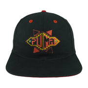 Black and red 1990s Puma snapback front with colorful geometric embroidery and red eyelets