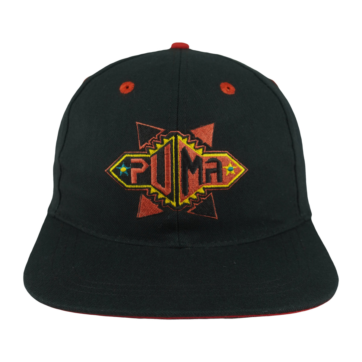 Black and red 1990s Puma snapback front with colorful geometric embroidery and red eyelets