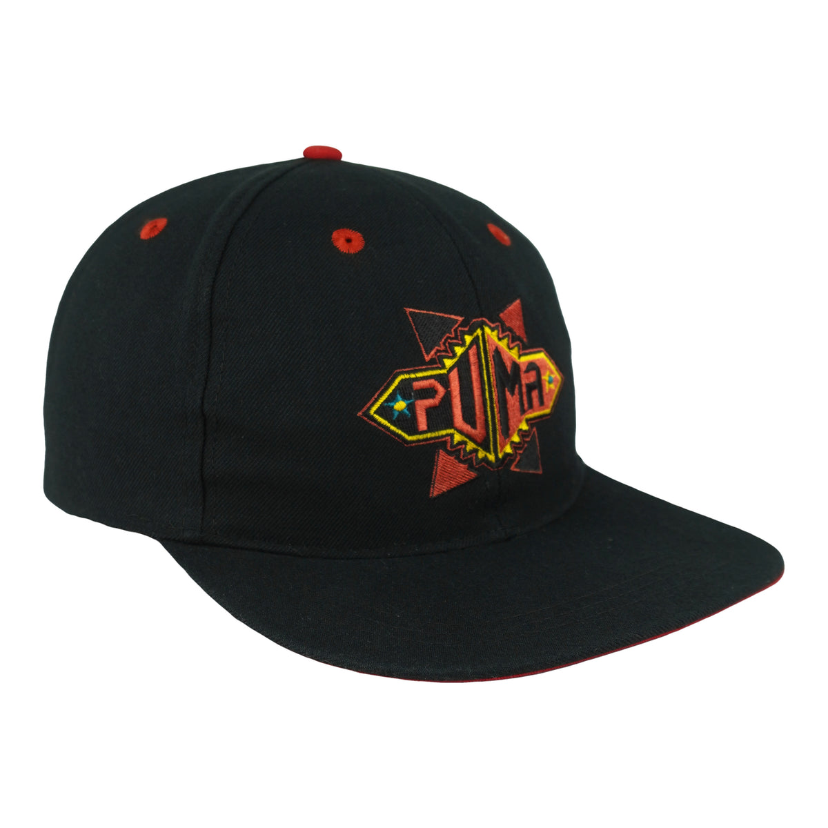 Angled view of the black Puma cap showing its flat brim and front embroidery
