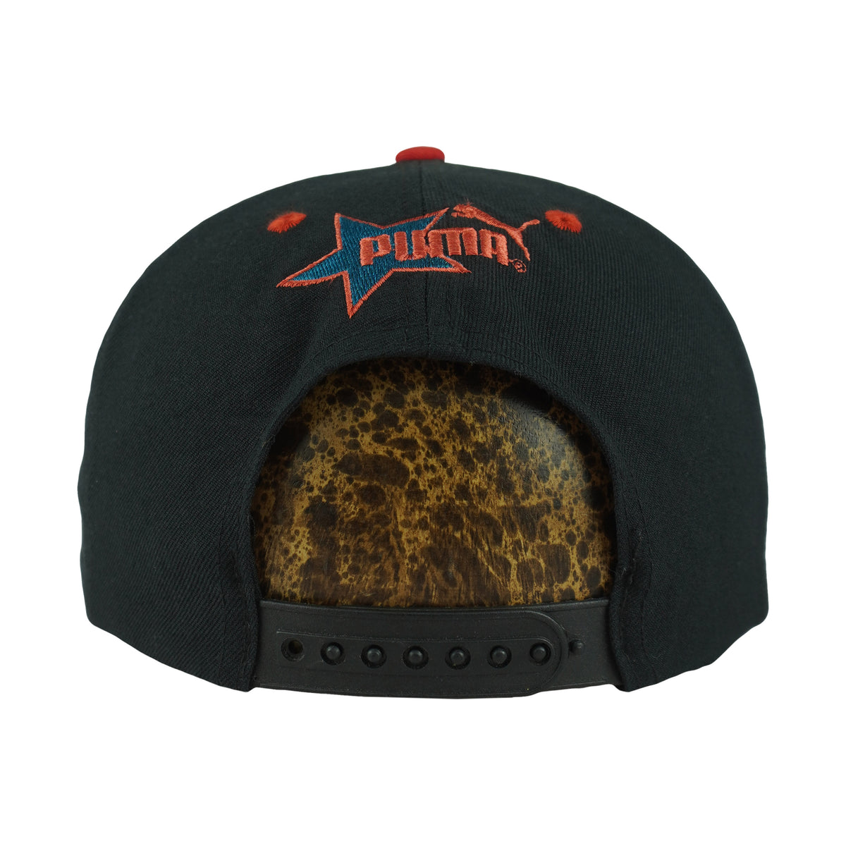 Black Puma cap rear with embroidered wordmark and snap closure