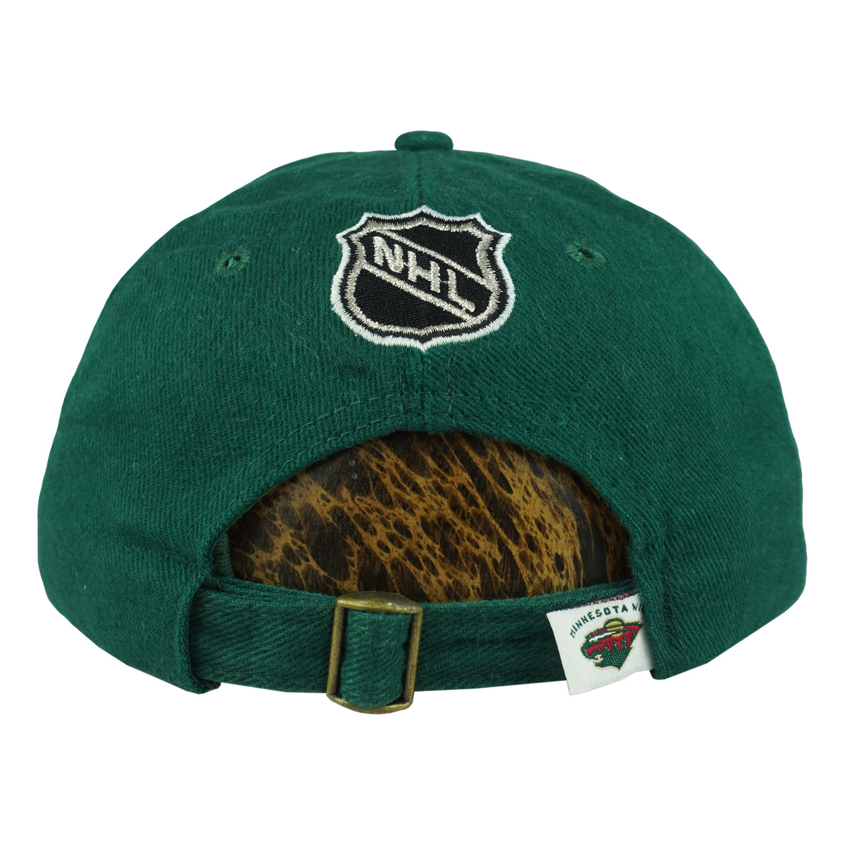Back view of the Minnesota Wild cap with NHL shield and adjustable buckle strap