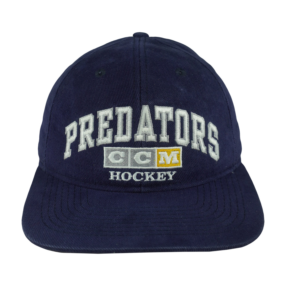 Navy 1990s NHL CCM Nashville Predators hockey cap front with embroidered team lettering