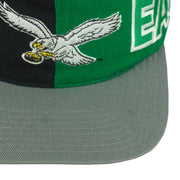 Close view of the embroidered Eagles bird and gray brim surface