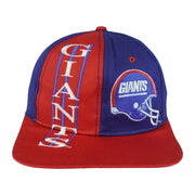 Blue and red New York Giants cap front with vertical lettering and an embroidered helmet