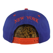 Rear of the blue New York Giants cap with red New York embroidery and snap closure