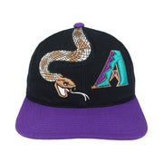Black Arizona Diamondbacks cap front with a purple brim and embroidered snake logo