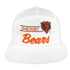 White 1990s NFL Chicago Bears snapback front with orange script and embroidered bear mascot