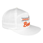 Angled white Chicago Bears cap showing the team script and flat brim