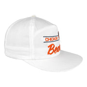 Angled white Chicago Bears cap showing the team script and flat brim