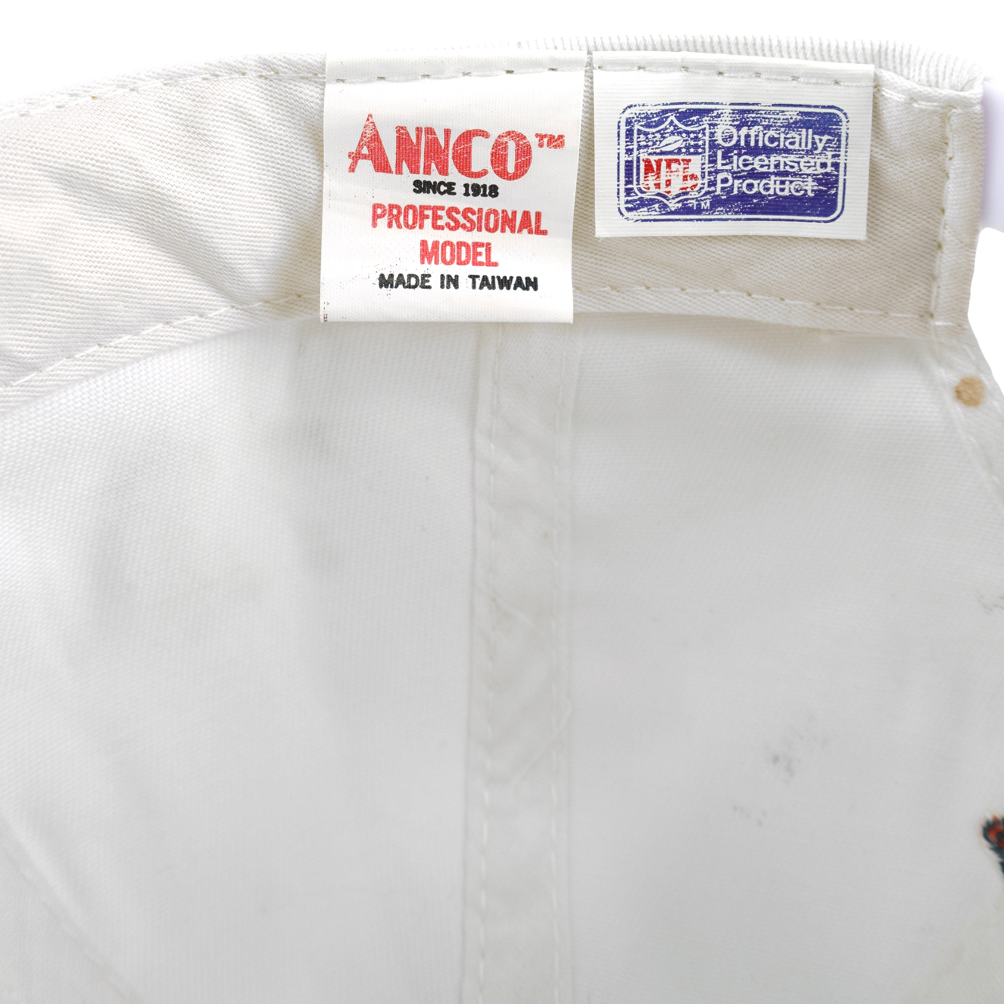 Annco Professional Model and NFL woven labels inside the white Chicago Bears cap