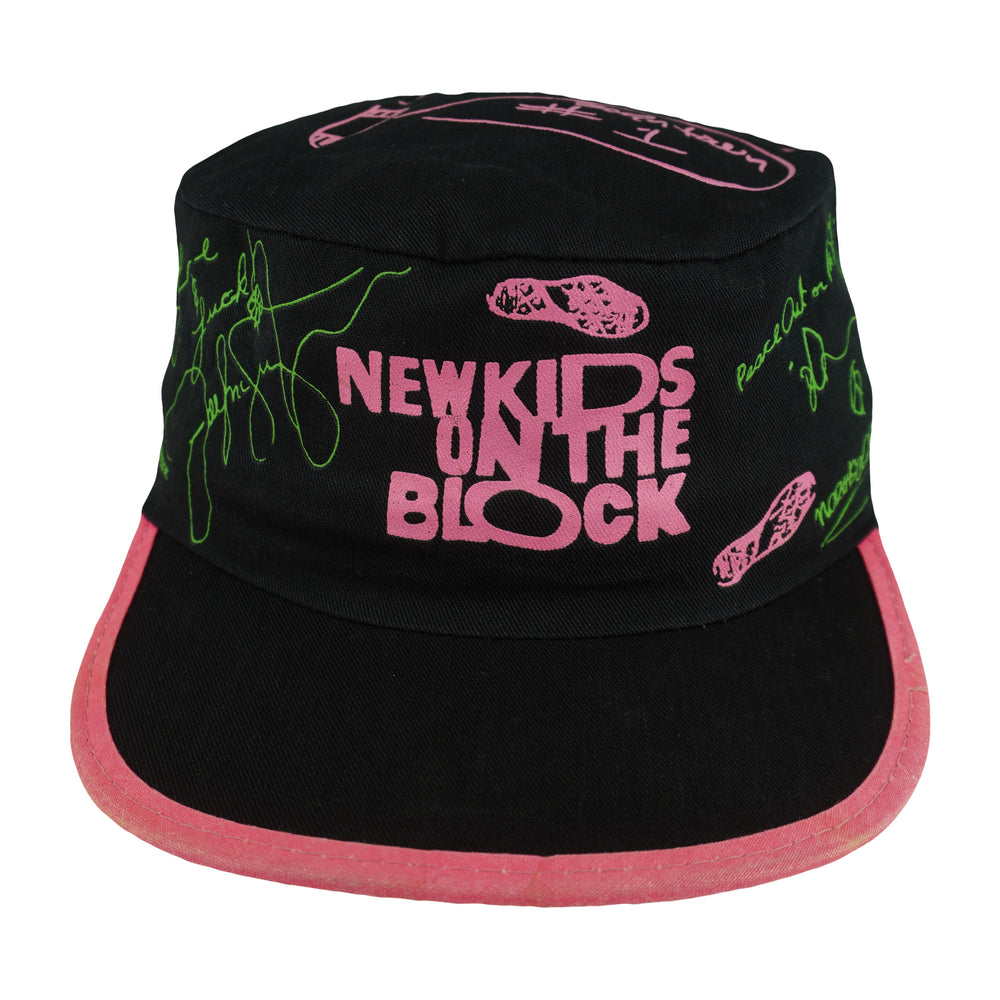 Black pink and green 1990s Vintage New Kids on the Block cap front with logo signatures and pink trim