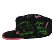 Left side of the New Kids on the Block cap with AOP green signatures and pink graphics