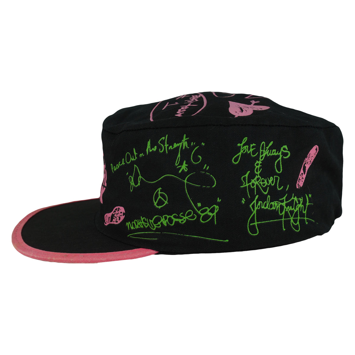 Left side of the New Kids on the Block cap with AOP green signatures and pink graphics